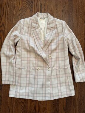 H&M Women's Double-Breasted Plaid Blazer - Light Pink & Cream